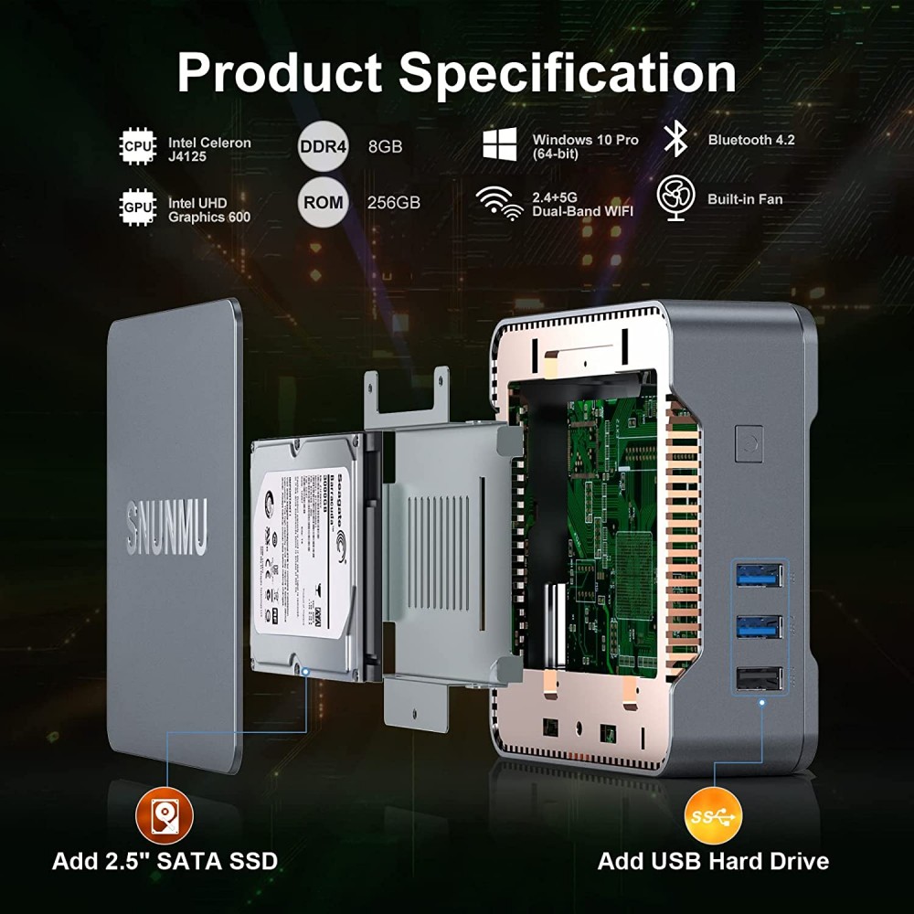 SNUNMU Mini PC, Intel Celeron J4125 Processor 8GB DDR4 / 256GB ROM